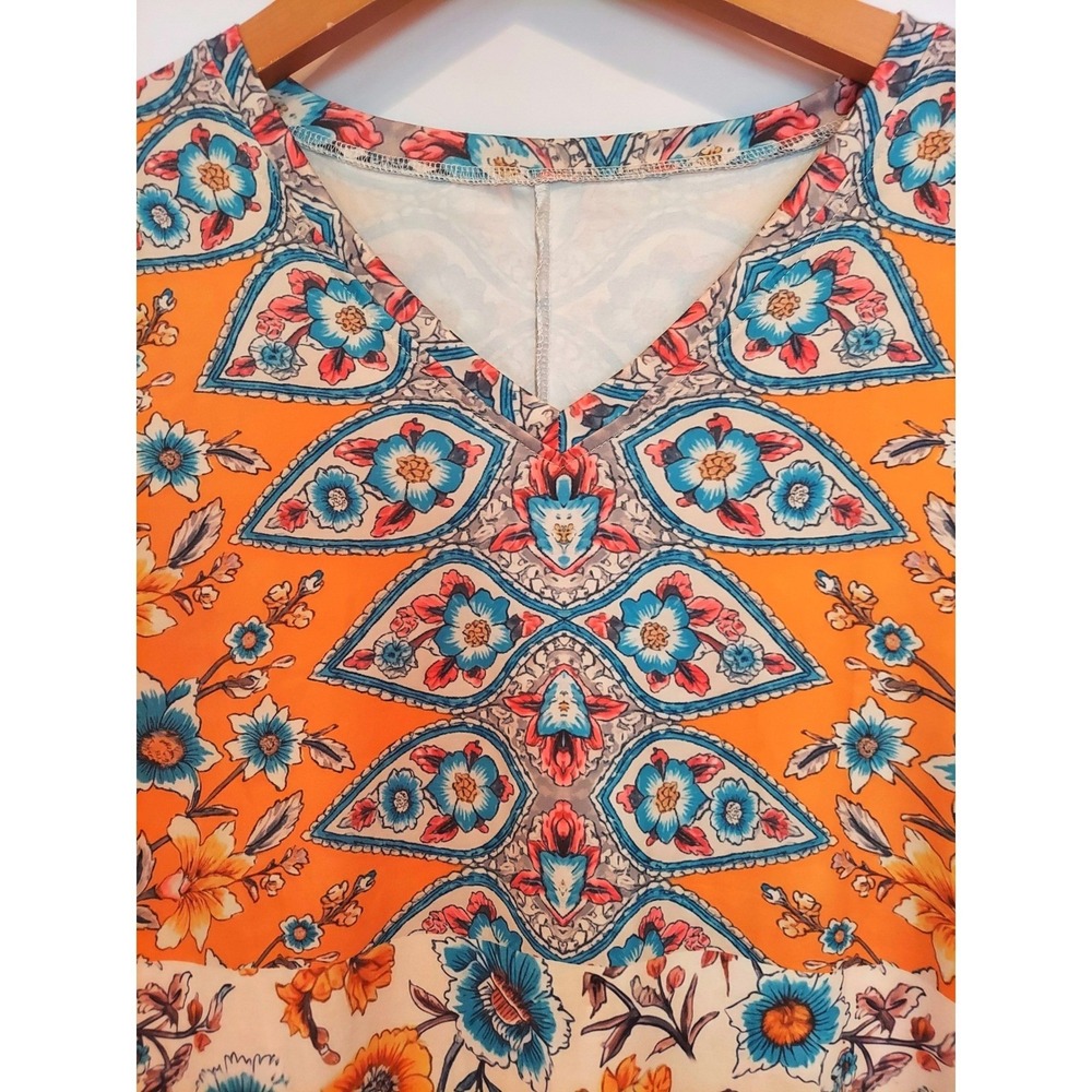Orange Floral Paisley Boho V-Neck Maxi Beach Dress Short Sleeve Side Slit Small - Picture 3 of 7